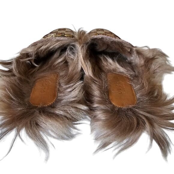 Gucci GG Monogram Princetown Horsebit Fur Lined Mule Flat Size 37.5 Beige Brown - Picture 8 of 9